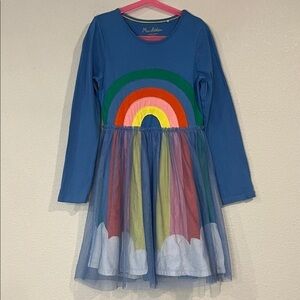 Mini Boden long sleeve rainbow cloud dress with tulle overlay 9-10yr
